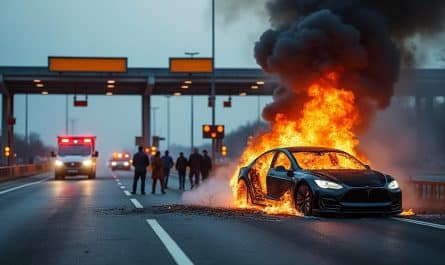 un accident dramatique survient lorsqu'un homme décède après l'incendie de sa voiture électrique consécutif à une collision avec une barrière de péage. découvrez les détails de ce tragique incident.