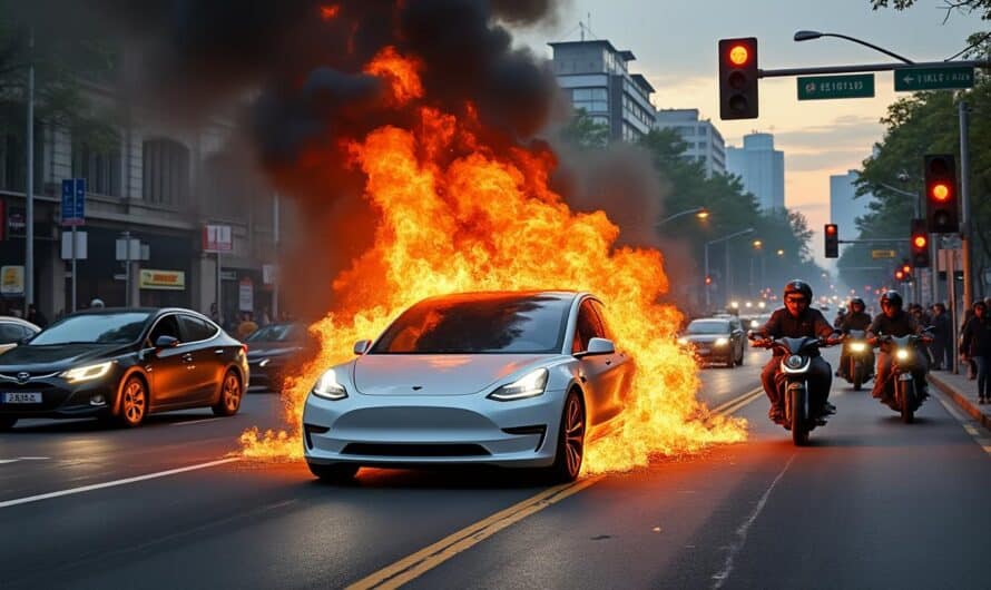 Incendie spectaculaire : une voiture électrique prend feu en pleine circulation